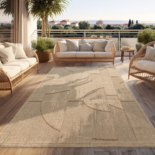 Paco Home Outdoor Rug Weatherproof Balcony Living Room Boho Design Abstract Geometric Pattern Unicoloured 3D Modern Deco Beige, Size:200x280 cm