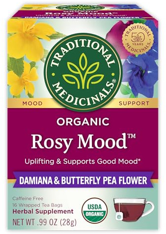 Traditional Medicinals Organic, Rosy Mood, Damiana & Butterfly Pea Flower - Uplifting Mood Support - Kosher, Non-GMO, Caffeine-Free, Compostable - 16 Tea Bags