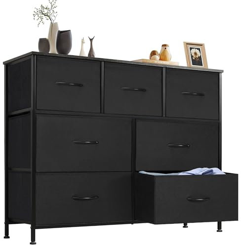 DUMOS Kommode für Schlafzimmer mit 7 Stoffschubladen hohe Kommode Organizer für Kleidung Schrank Kinderzimmer Aufbewahrungsturm mit Schrank Metallrahmen Holzplatte leichte Kinderzimmermöbel