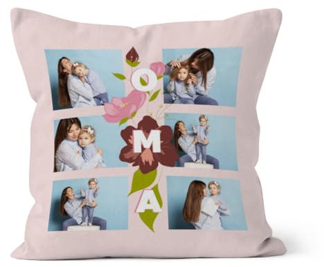 Personalisierter Samtkissenbezug Oma - Platz für 6 Fotos auf Vorderseite - Fotokissen Geschenk Geburtstag Oma Blumen 40 x 40 cm