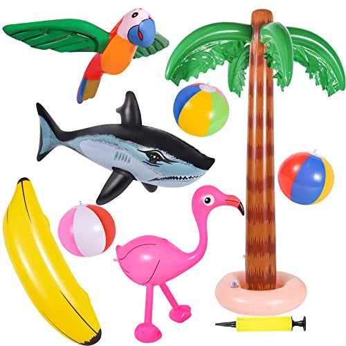 Aragallant Aufblasbare Palmen Spielzeug Set, 9 Stücke Aufblasbares Palmen Flamingo Baum Strand Spielzeug, Fliegen Papagei Delphin Bananen Strand Bälle für Sommer Schwimmbad Hawaii Deko Themenparty