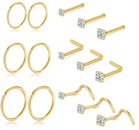 DAI JY 15 Pcs 20G Nasenpiercing Gold Silber Schwarz Titan Nasenpiercing Ring Stecker Chirurgenstahl L Förmig Zirkonia Nasenstecker Set Nasenring Dünn Hypoallergen Piercing Schmuck für Frauen Männer