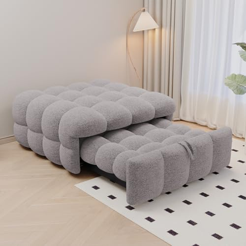 Lexiou Polsterbett, 2-in-1-Fußhocker, Ausziehbares Schlafsofa, Einzelbett, Puffy-Bett,Teddy-Stoff (Grau)