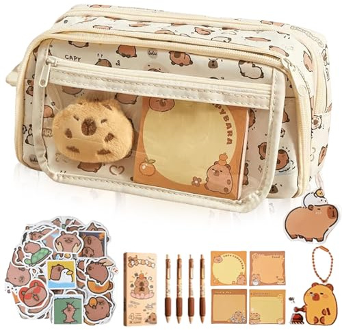 VEGOATY Kawaii 2-in-1 Federmäppchen, Mehrschichtige Capybara Schreibwaren Set, Abnehmbar, Reißverschluss, Büro, Schule, Studenten, Kinder