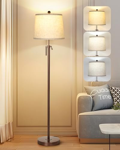 Qingmiao Stehlampe Wohnzimmer Braun Modern Stehleuchte Standleuchte | 140-165cm höhenverstellbare Leselampe mit Leinen-Lampenschirm, 3 Farbtemperatur,E27 Fassung, Braun (9W Glühbirne inklusive)