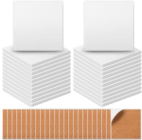 Zopeal 48 Pcs Ceramic Tiles for Crafts Coasters Include Unglazed White Ceramic Tiles with Cork Backing Pads Use with Alcohol Ink Acrylic Pouring for DIY Project Gift (Square)