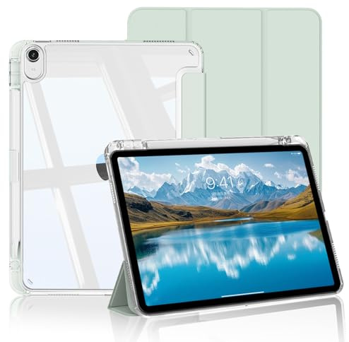 BQDIYOO Coque pour iPad (A16) 11ème/iPad 10ème Gén 2025/2022,Vert Clair | avec Porte Pencil, Coque Rigide Transparente à l'arrière, Réveil/Sommeil Auto,Support 3 Volets