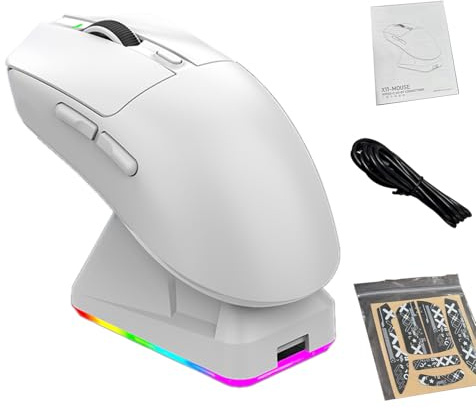 XUMIUZIY Leichte Gaming-Maus, RGB-3-Modus-Anschluss mit 12000 DPI und 7 Tasten, mit Magnetischer Ladestation, für PC und Büro (White)
