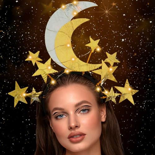 Leuchtendes Stern-Stirnband, LED-Sterne Haarband, Lglitzerndes Mond-Haarband, Glitzer Kopfschmuck Karneval Kostüm Damen, LED Stirnband Leucht Haarschmuck für Weihnachten, Fasching, für Frauen (Gold)