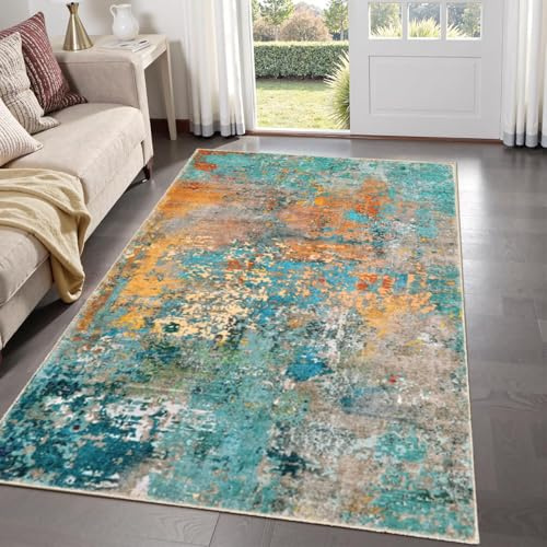 Quadratischer Teppich, 140 x 140 cm, Wohnzimmer, Schlafzimmer, Nachttisch, Eingangsteppich, weich, rutschfest, Kurzflor, maschinenwaschbar, Abstrakter Farbverlauf, orange-grau, blaugrün