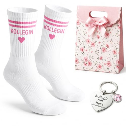 Scinzene 3 Teiliges Set Abschiedsgeschenk Kollegin Jobwechsel, Kollegin mit Herz Socken 36-44, Schlüsselanhänger Danke für alles, Rosa Beutel, Süßes Lieblingskollegin Geschenk, Mitbringsel