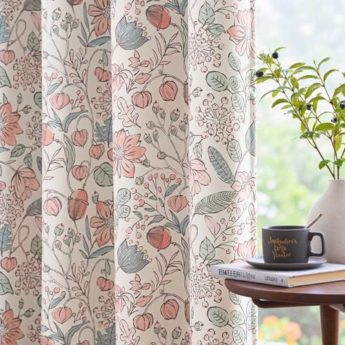 Vangao Blickdicht Gardinen mit Ösen 2er Set H200 x B132cm Blumen Rosa Grün | Vorhänge Verdunkelnd mit Muster für Kinderzimmer Mädchen Wohnzimmer Küche Schlafzimmer, Boho Landhausstil Vorhang 200 cm lang