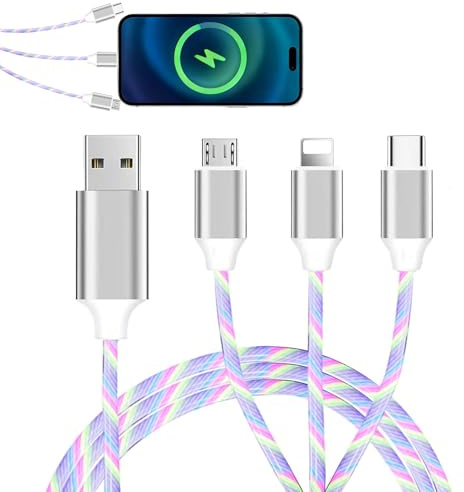 Light Up Charging Cable Led 3 in 1,3 in 1 Charging Cable Colorful Light-Up Multi Charger Cable,3-in-1 Flowing LED Charging Cable,Compatible with iPhone, Samsung, Android & More