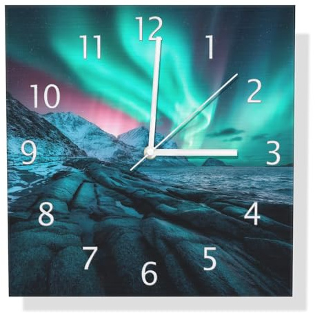 Wallario Design Wanduhr Polarlichter über Gebirge aus Aluverbund, Alu-Uhr Größe 30 x 30 cm, weiße Zeiger mit Metalloptik