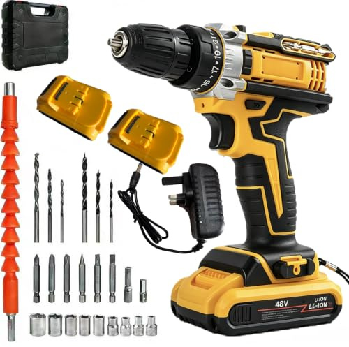 Cordless Drill Driver 21V, Cordless Hammer Drill Set, 42N.m Battery Drill, 25+3 Torque Set, 2-Speed, LED Light, 2.0AH Battery, 24PCS Electric Drill Set for Home and Garden DIY Project (Yellow)