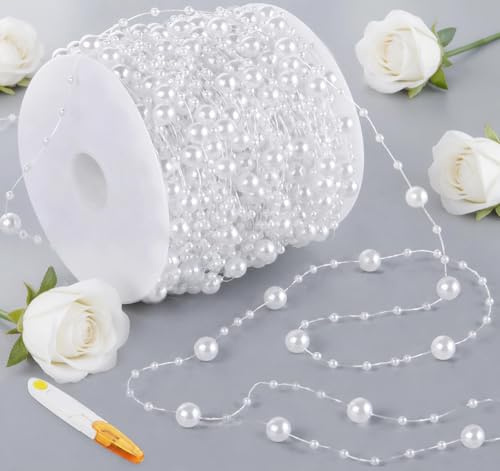 BLISSIQUEE Perlengirlande Weiß, 60m Edle Perlenkette Deko Perlenband mit Edelstahl Schere für Hochzeitsdeko Party Geburtstag Tisch Deko DIY Handwerk Deko Blumenstrauß