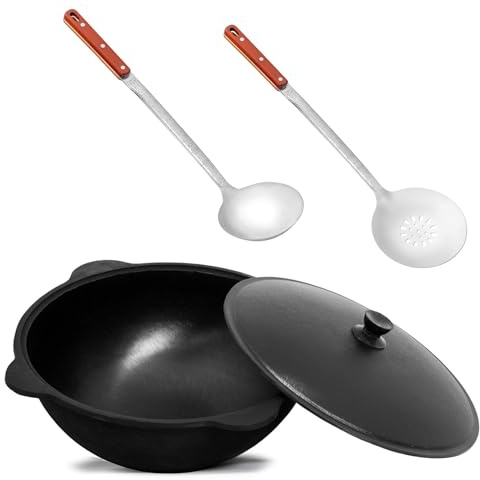 Original Usbekischer Kasan 8 L aus Gusseisen mit Aluminium-Deckel | Namangan Schwenktopf Dutch Oven Feuertopf für Camping Outdoor inkl. Schöpfkelle Schaumlöffel