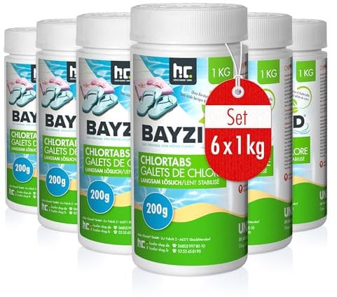 BAYZID® Galets de Chlore Lent 6 x 1 kg 200g – Traitement Piscine et Bassin – Haute Teneur en Chlore (90%) – 1 KG