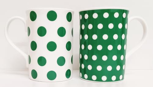 Green Dots and Spots Mugs Set of 2 Fine Bone China Mix Green Mugs Hand Decorated in The UK Free UK Delivery