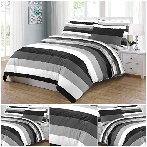 Set copripiumino in percalle di cotone 100% 200 fili, colore grigio, completamente reversibile, a righe, per letto matrimoniale, king e super king size