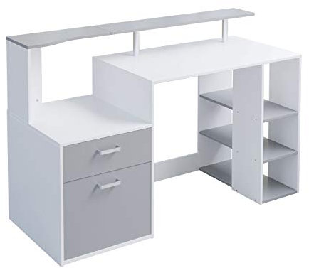 Outwin Corner Desk Folding Wood Computer Desk with Drawers/Shelves Storage, Modern Home Office Study Gaming Table PC Laptop Workstation. (Grey&White)