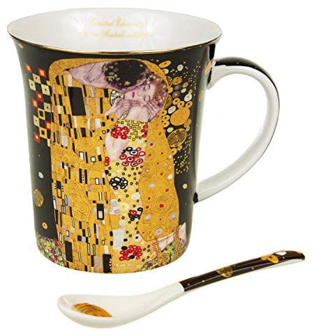 Queen Isabell Tazza Da Caffè di Porcellana 300 ML Grande con Cuchiaino Set Regalo Bacio di Gustav Klimt Elegate Dorato