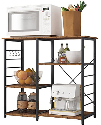 DlandHome Küchenregal Stehend Einfach Mikrowellenhalter Standregal Metall, platzsparendes Bäcker Regal mit Gestell & mit Haken, Regal für Küche Retro-Farbe