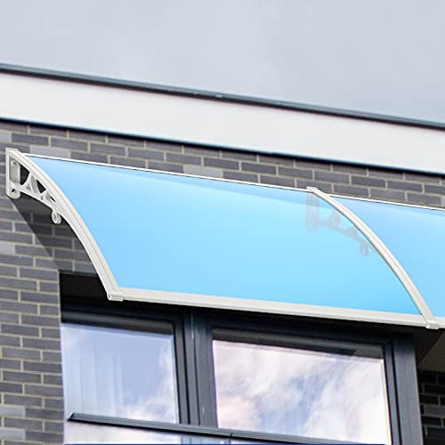Tejadillo de Protección Marquesina para Puertas y Ventanas para Aire Acondicionado,Toldo Cubierta de Policarbonato en Jardín al Aire Libre Dosel de Techo,Azul/Soporte Blanco (60x380cm/24x150)