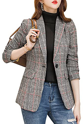 ebossy Damen Notch-Lapel 2-Knopf Boyfriend Blazer Suit – Hahnentritt Karo Jacke Mantel, Z-grau, S