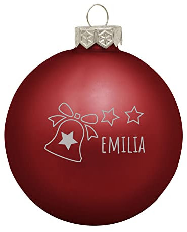 Deitert Weihnachtskugel mit Wunschtext Gravur, Ø 8cm, personalisierte Christbaumkugel aus Glas (matt), Individueller Weihnachtsbaumschmuck Namen oder Spruch, Glocke-Motiv, rot