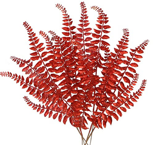 6 pezzi di foglie di Natale glitterate artificiali di felce di Boston nera glitter foglia floreale picconi stelo artificiale per albero di Natale composizione di fiori decorazioni natalizie, 63 cm