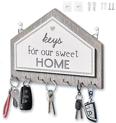 Echehi Porte Clé Mural en Bois à 7 Crochets, Autocollant ou Perforateur Porte Clef Mural d'installation à 2 Voie, Porte Cles Murale, Accroche Clé Mural pour la Maison (Gris)
