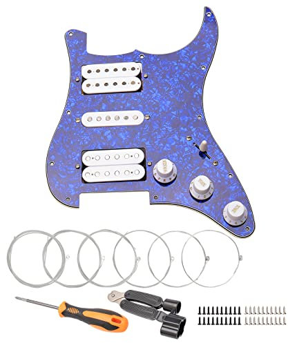 Unxuey 11 Hole Loaded Prewired Pickguard Guard Plate with White HSH Pickup Parts for Fender Strat Guitar, with Guitar Strings and Installation Tool