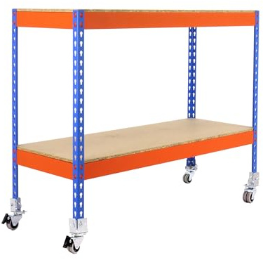 Simon Rack SimonTaller Industrie-Regal, 75 kg, 975 x 1500 x 750 mm, 2 Höhen aus Holz, Lagerregal, inklusive Rädern, Blau/Orange/Holz