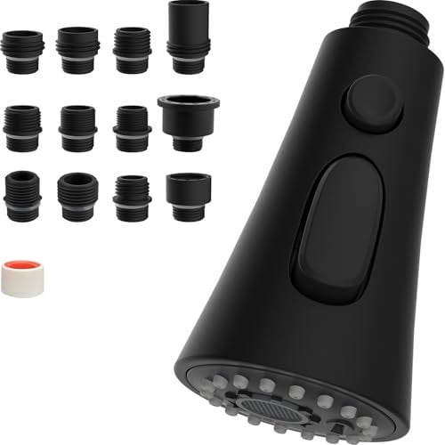 Hibbent Tête de Douchette de Remplacement pour Robinet de Cuisine, 3 Fonctions avec 9 Adaptateurs, Compatibles avec les Robinets G1/2, Noir Mat