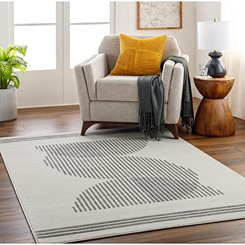 Livabliss Livorno Wohnzimmer Teppich modern – Abstrakt Design in Marmor Optik für Wohnzimmer 152x213 cm, Esszimmer, Schlafzimmer - Marmor Teppich groß, weicher Teppich Kurzflor in Elfenbein und Grau