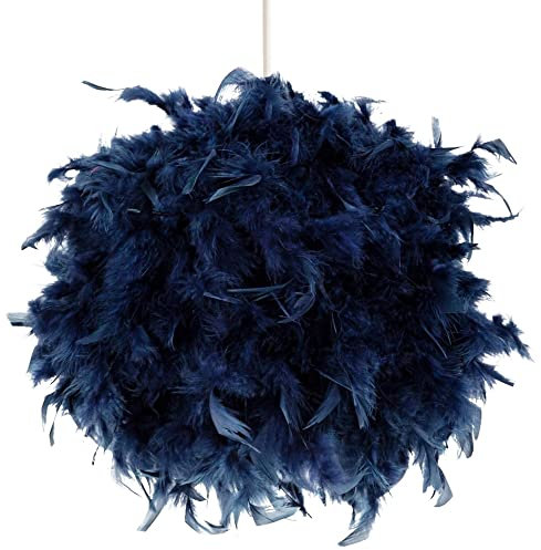 Contemporary and Unique Large Navy Midnight Blue Real Feather Decorated Pendant Light Shade - 40cm Diameter & 40watt Maximum - Beautiful Statement Piece by Happy Homewares