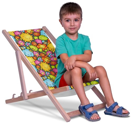 DreamRoots Kinder Liegestuhl Holz Gr. S, Friends | Klappbarer Campingstuhl faltbar, für Garten & Strand, bis 130 kg, waschbarer Bezug, 100% Polyester, UV-beständig, Kinderliege