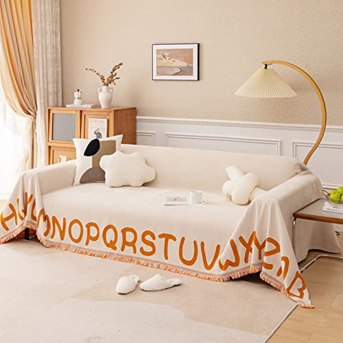 Homxi Sofa Überzug Dreisitzer,Sofa Überzug Decke mit Brief Chenille Überwurf Sofa Handtuch Sofa Beige Weiß Orange Sofahusse 180x380CM