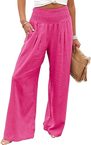 Vansha Pantaloni a Palazzo Estivi da Donna, a Vita Alta, in Cotone e Lino, a Gamba Larga, con Tasca, Rosa Acceso, M