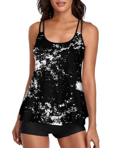 Tankini Damen Bauchweg Bademode Set Damen Freizeit Tankini Badeanzug Zweiteiler Tankini Set Sommer Elegant Badeanzüge für Damen Tankini Oberteil und Badeshorts Schwarz Weiß Tie-dye Tankini XL
