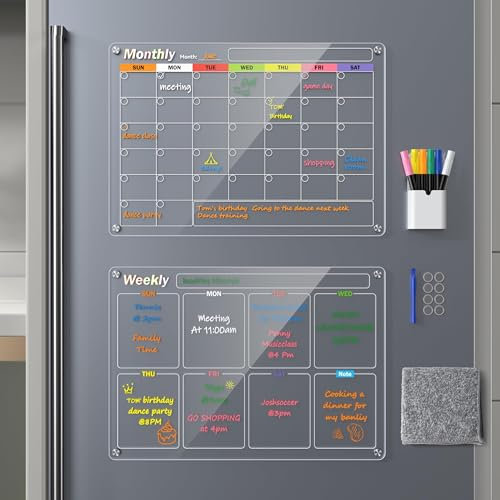 Bailkind Magnetic Fridge Calendar, Monthly & Weekly Acrylic Calendar Planner Dry Erase Board Set for Refrigerator/Glass/Kitchen/Office, 6 Markers (2-Pack, 17x12) 2024