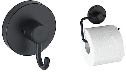 WENKO Vacuum-Loc Haken Schwarz, 2er Set Handtuchhalter & Vacuum-Loc Toilettenpapierhalter Milazzo Schwarz, WC-Rollenhalter