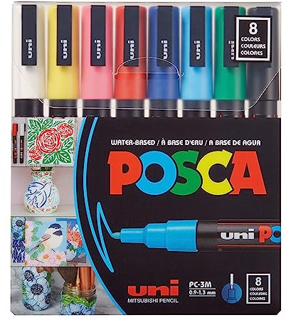 uni POSCA PC-3M Water-Based Paint Markers, Reversible Fine Tip, Assorted Colors, Pack Of 8 Markers