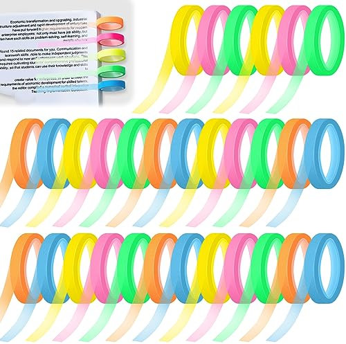 Aicharynic 30 Rollen Highlight Strips Abnehmbare Fluoreszierende Farbige Tags Farbiges Haftnotizen Transparent Textmarker-Klebeband Für Schüler Lehrer Lesen Notizen Machen Im Unterricht Home Office