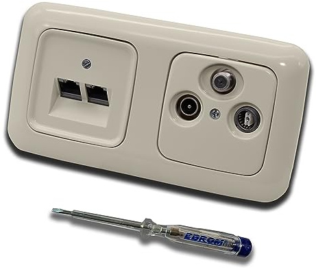 Busch Jäger, Rutenbeck Unterputz Netzwerkdose 10 Gigabit/S (10GbE) KAT6A 6A 2 x RJ45 Anschluss + WISI TV SAT RADIO 3-Loch Dose im BJ DUR2000 cremeweiß Design + EBROM Phasenprüfer z. Montage d. Geräte