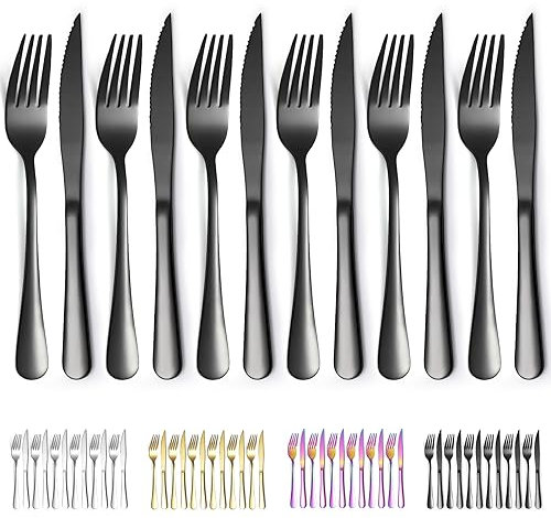 Evanda Black Steak Knives Set 12 Piece Service for 6, Black Titanium Plating Stainless Steel 6 Dinner Forks and 6 Dinner Knives Set, Steak Knives Steak Forks, Dishwasher Safe