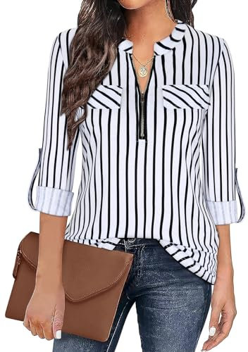 Gemulate Women Tops Long Tops to Wear with Leggings Womens Zip Up Plaid Tunic Blouse 3/4 Sleeve Tops for Women UK Polo Top Floral Printed Shirts -Stripe White 1, L