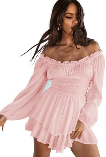Springcmy Women Puff Sleeve Square Neck Romper Dress Off Shoulder Ruffle Shorts Smocked Layered Flowy A Line MiniBeach Swing Dress Sundress (B-Pink, XL)