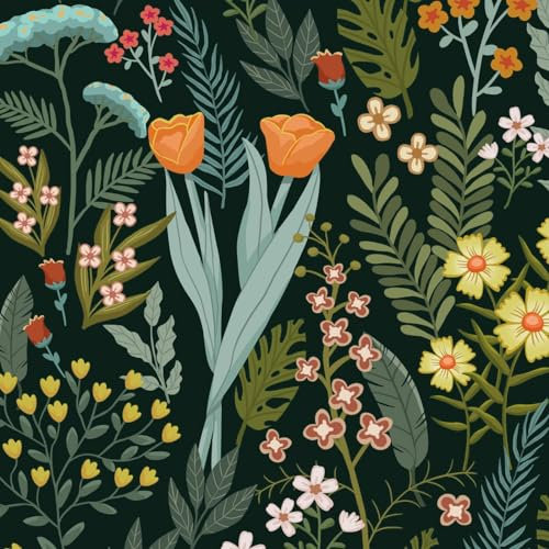 VOLEAAR Tulip Floral Peel and Stick Wallpaper Boho Botanical Contact Paper Flower Wall Mural for Walls Countertop Cabinet Shelf Liner Door Removable Vinyl Bright Green Wall Paper 44.5CM x 300CM